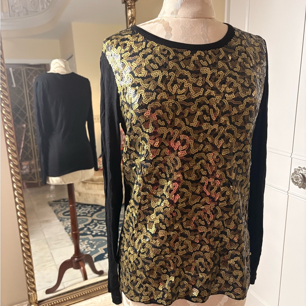 Michael Kors Black and Gold Sequin Long Sleeve Top